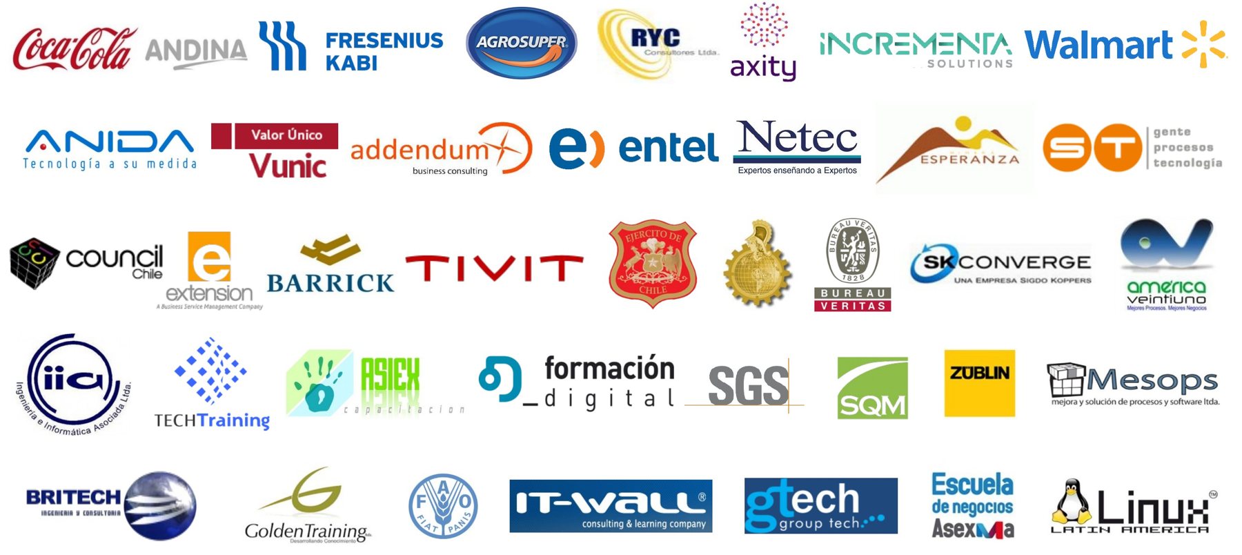 Logos de clientes: Coca-Cola Andina, Fresenius Kabi, Agrosuper, RYC Consultores, Axity, Incrementa, Walmart, Anida, Vunic, Addendum, Entel, Netec, Minera Esperanza, ST, Council Chile, Extension, Barrick, Tivit, Ejército de Chile, Bureau Veritas, SK Converge, America Veintiuno, IIA, TechTraining, Asiex, Formación Digital, SGS, SQM, Züblin, Mesops, Britech, Golden Training, FAO, IT-Wall, Gtech, Escuela de Negocios Asexma y Linux Latin America