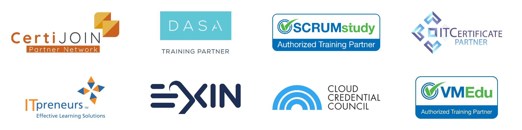 Partners: CertiJOIN, DASA, SCRUMstudy, ITCertificate, ITpreneurs, EXIN, Cloud Credential Council y VMEdu